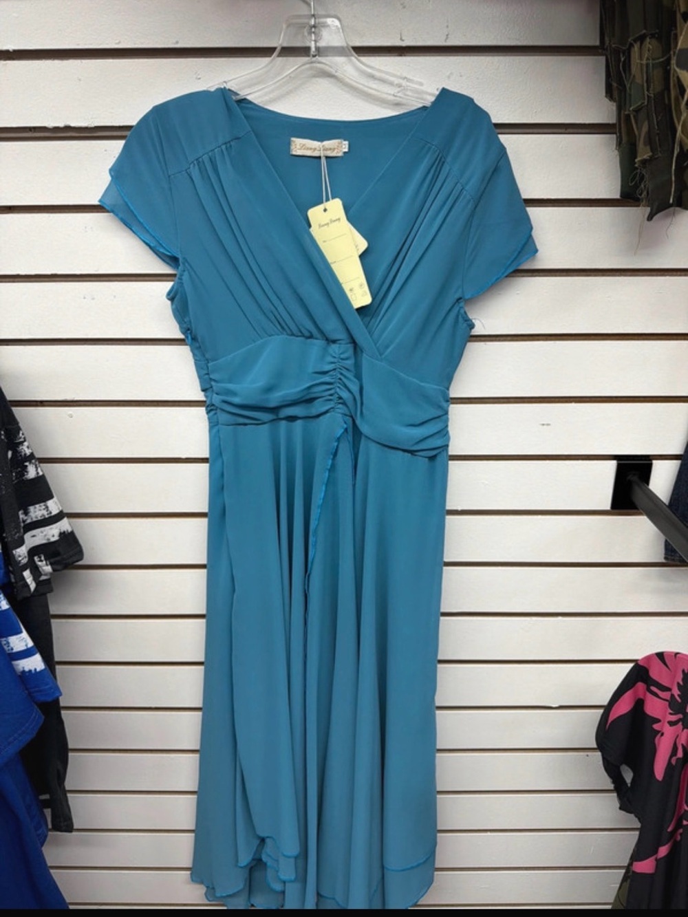 Liang Liang Blue Chiffon Faux Wrap Midi Dress NWT Size Medium